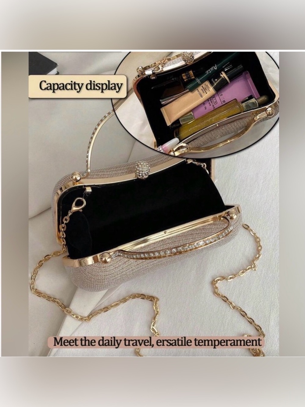 Elegant Glitter Evening Bag in Light Lavender Pink with Gold Hardware - Picture 6 of 10
